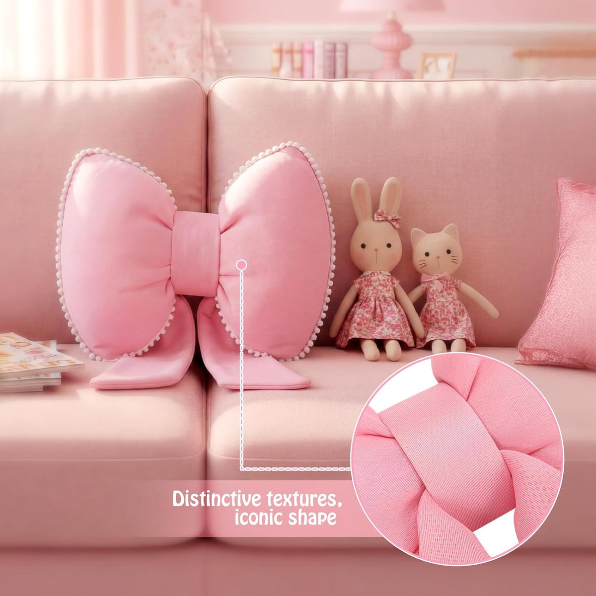 Pink Bow Pillow Soft Bow Shaped Throw Pillows Decorative Cute Cushion Aesthetic Home Decor for Room Bed Sofa Couch(Lace Trim,Silk)