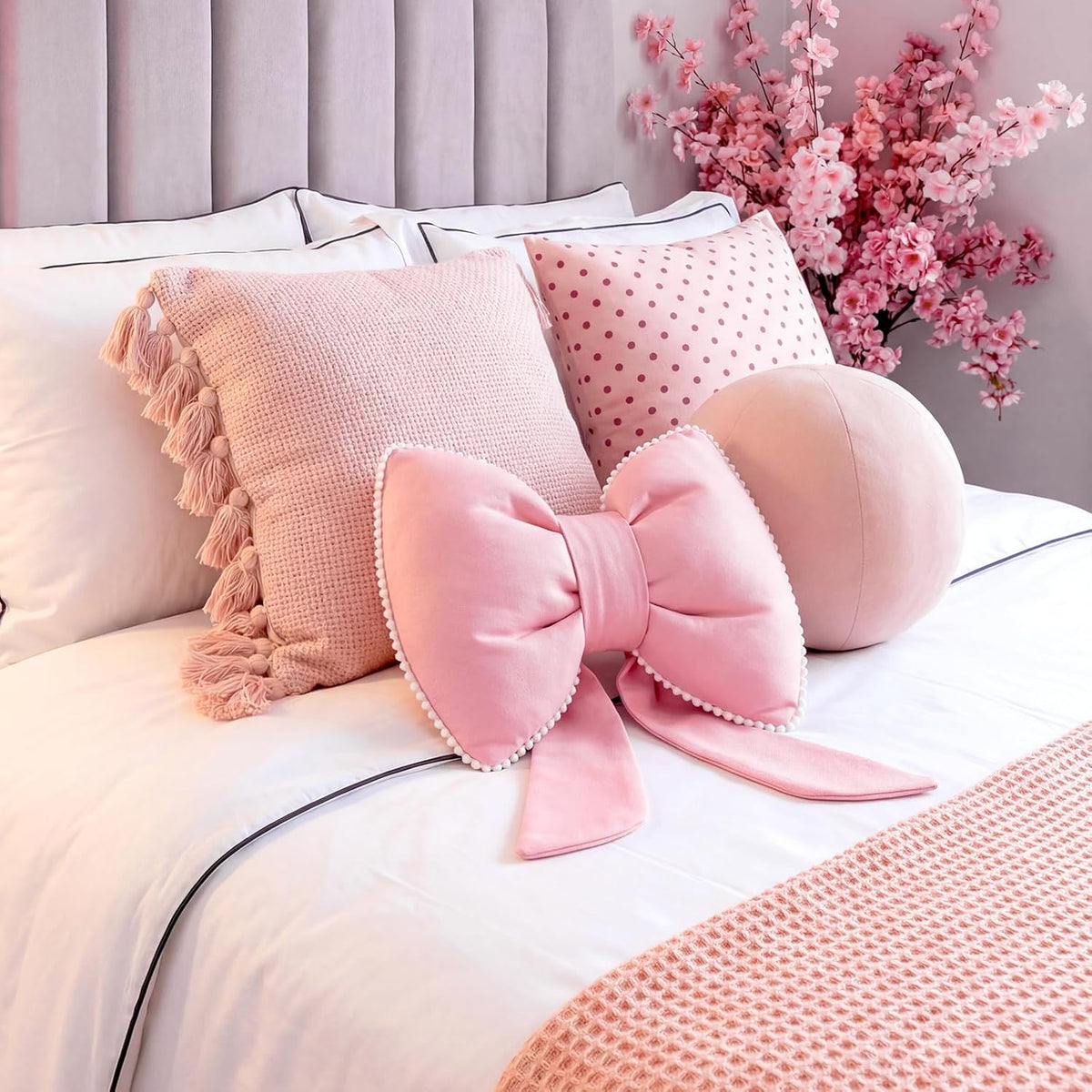 Pink Bow Pillow Soft Bow Shaped Throw Pillows Decorative Cute Cushion Aesthetic Home Decor for Room Bed Sofa Couch(Lace Trim,Silk)