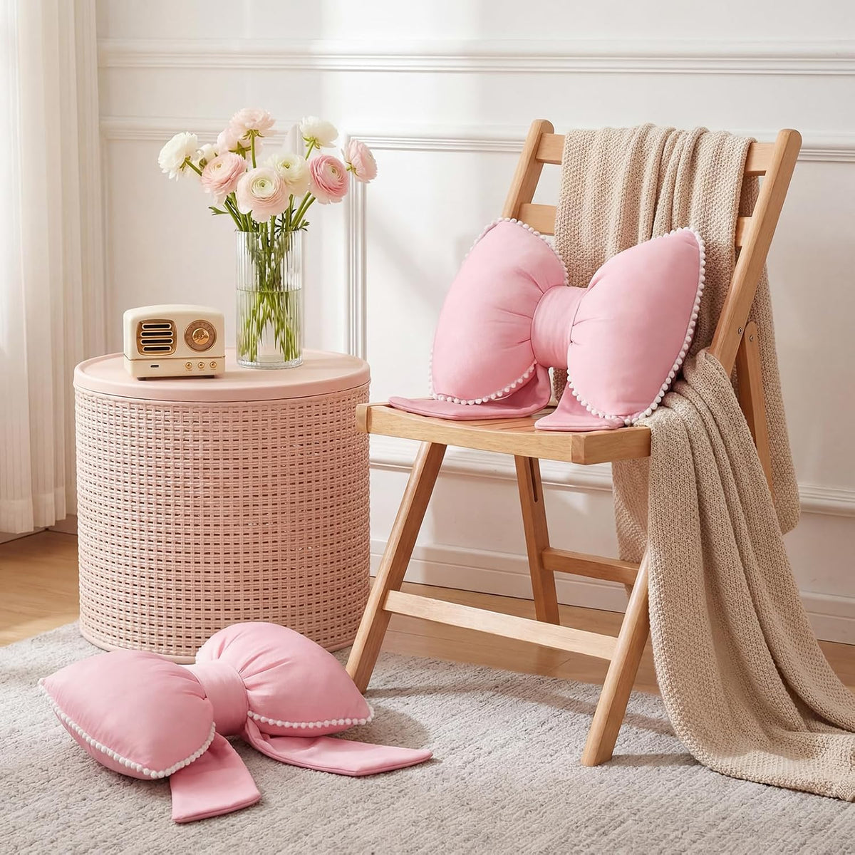 Pink Bow Pillow Soft Bow Shaped Throw Pillows Decorative Cute Cushion Aesthetic Home Decor for Room Bed Sofa Couch(Lace Trim,Silk)