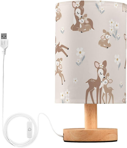 Bedside Table Lamp Woodland Animals Nightstand Lamp with Wood Forest Deer Floral Pink Desk Lamps for Bedroom Living Room Nursery Office Home Decor