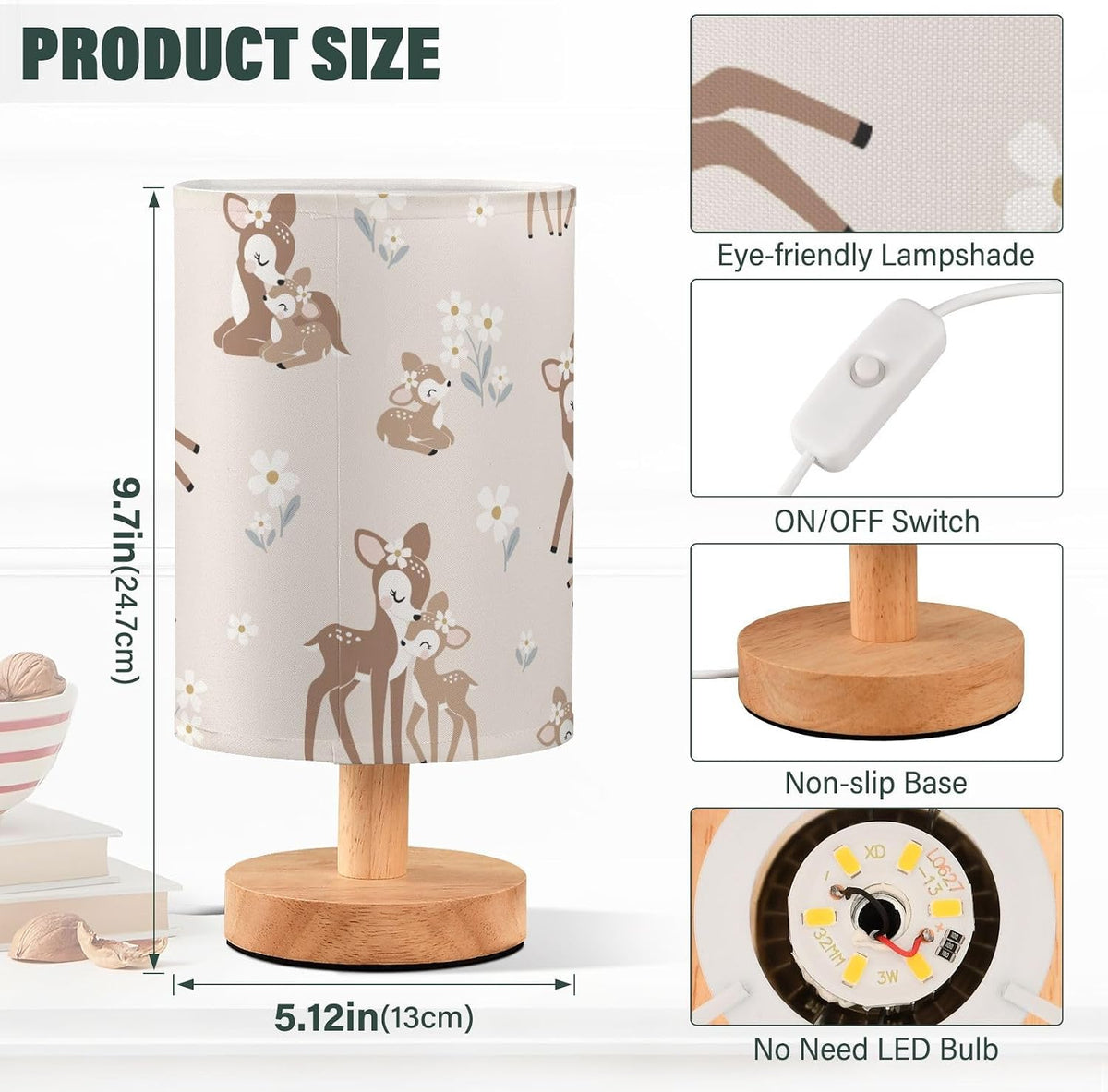 Bedside Table Lamp Woodland Animals Nightstand Lamp with Wood Forest Deer Floral Pink Desk Lamps for Bedroom Living Room Nursery Office Home Decor