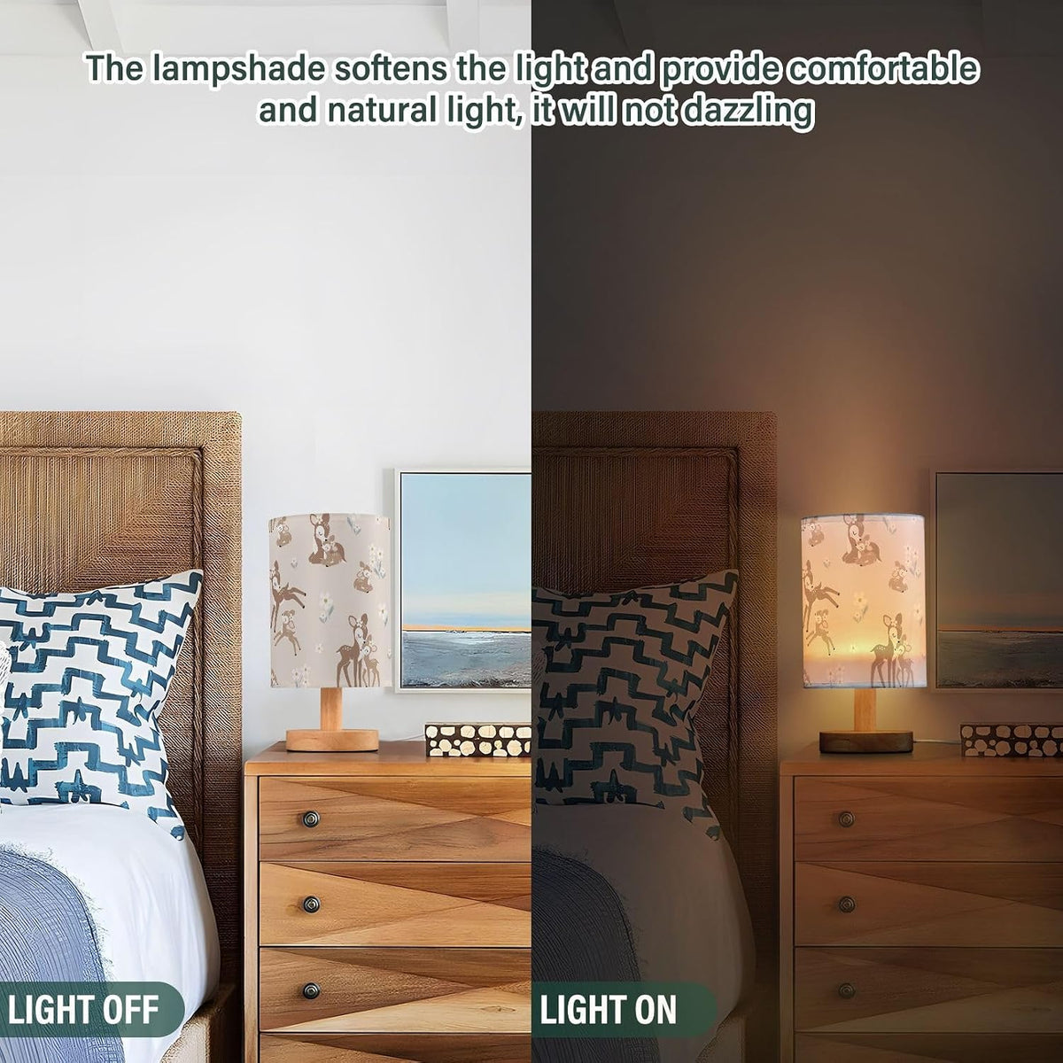 Bedside Table Lamp Woodland Animals Nightstand Lamp with Wood Forest Deer Floral Pink Desk Lamps for Bedroom Living Room Nursery Office Home Decor