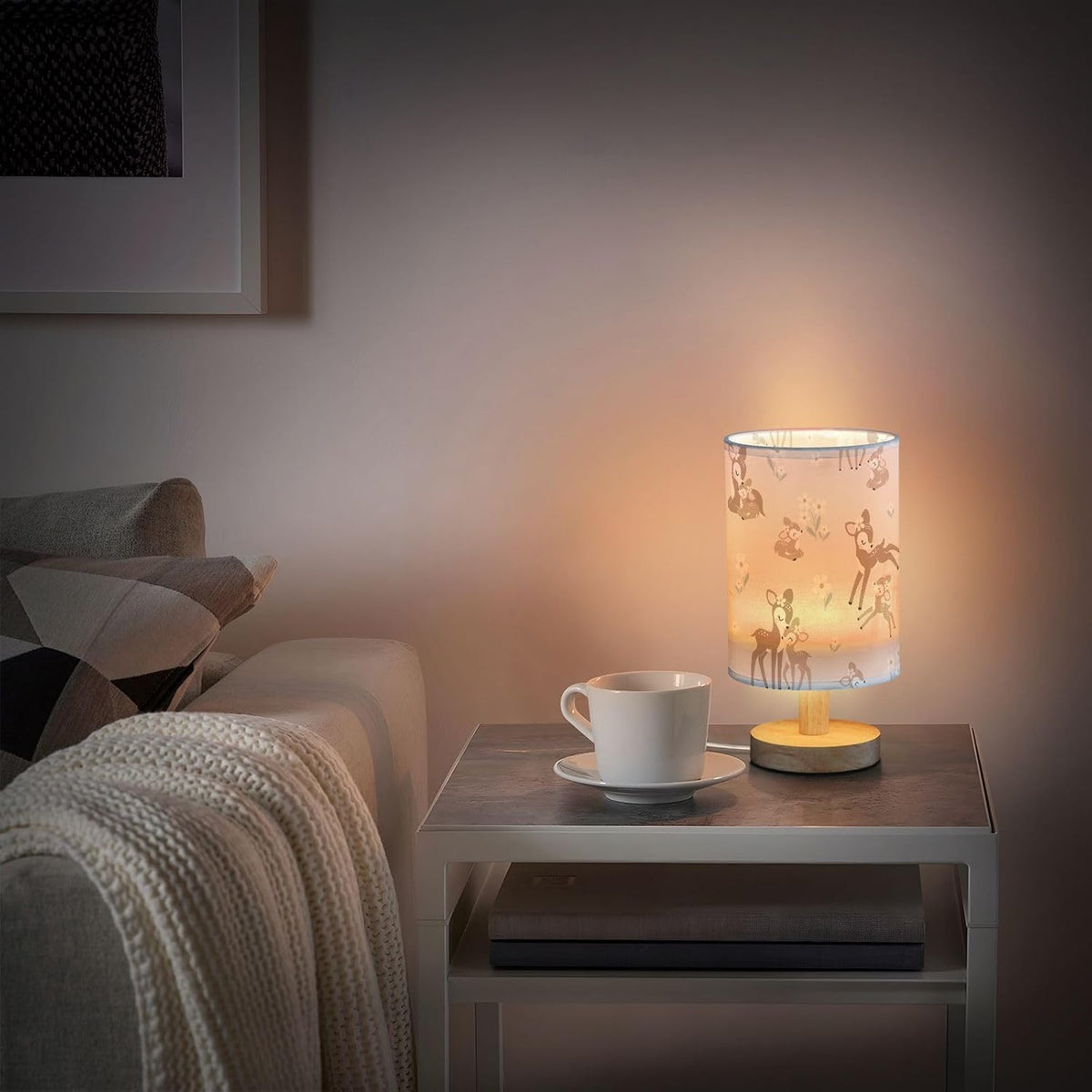 Bedside Table Lamp Woodland Animals Nightstand Lamp with Wood Forest Deer Floral Pink Desk Lamps for Bedroom Living Room Nursery Office Home Decor