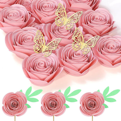 Mverse Pink Forever Rose, 3D Rolled Roses Paper Flowers Decorations for Custom Shadow Box Frame, Mini Artificial Crafts DIY Birthday Gift (18 Pieces, Light Pink)