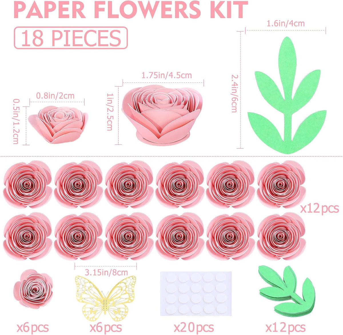 Mverse Pink Forever Rose, 3D Rolled Roses Paper Flowers Decorations for Custom Shadow Box Frame, Mini Artificial Crafts DIY Birthday Gift (18 Pieces, Light Pink)
