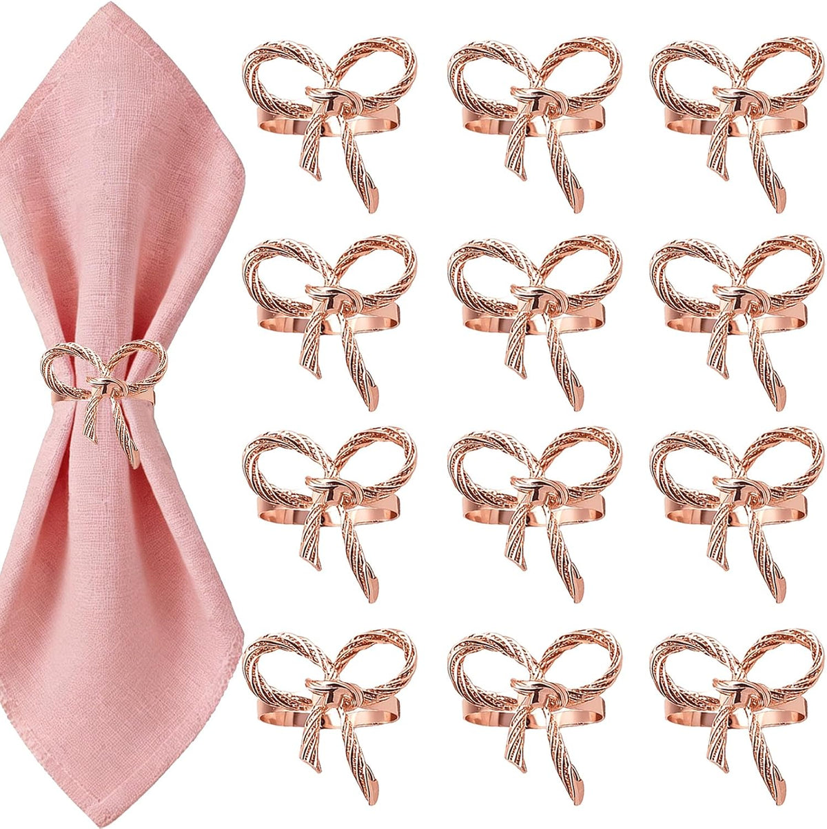 Rose Gold Bow Napkin Rings Set of 12 for Wedding Party Birthday Holiday Family Dinner Daily Table Decor,Elegant Metal Bow Tie Napkin Ring Holders for Valentine's Day Banquet Decoration