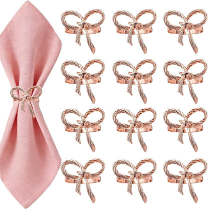 Rose Gold Bow Napkin Rings Set of 12 for Wedding Party Birthday Holiday Family Dinner Daily Table Decor,Elegant Metal Bow Tie Napkin Ring Holders for Valentine's Day Banquet Decoration
