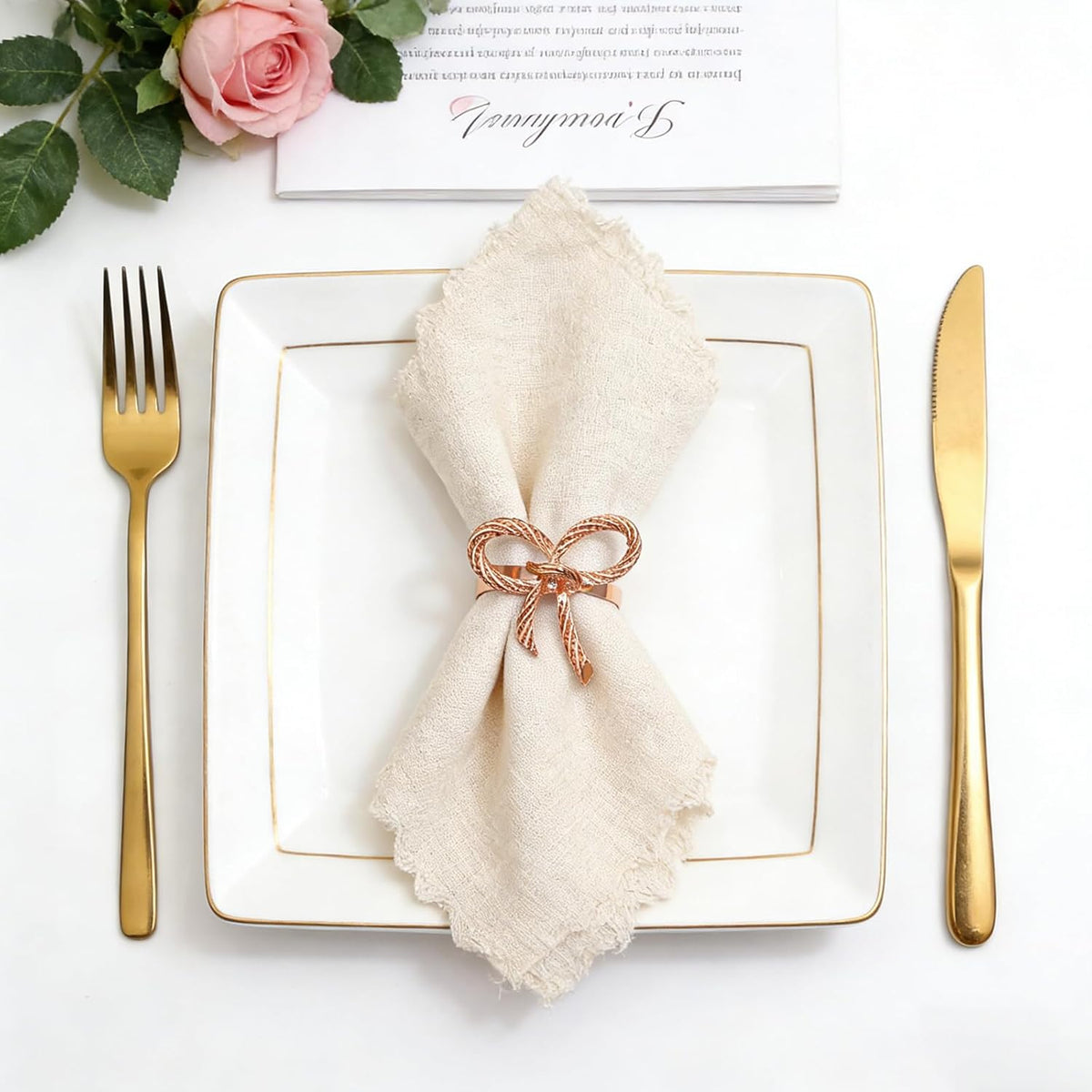 Rose Gold Bow Napkin Rings Set of 12 for Wedding Party Birthday Holiday Family Dinner Daily Table Decor,Elegant Metal Bow Tie Napkin Ring Holders for Valentine's Day Banquet Decoration