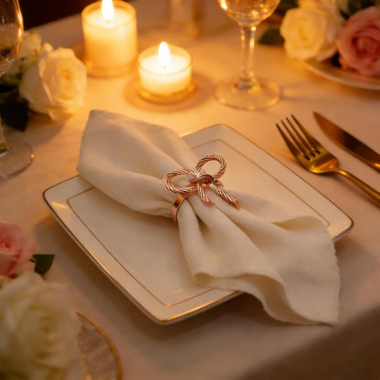 Rose Gold Bow Napkin Rings Set of 12 for Wedding Party Birthday Holiday Family Dinner Daily Table Decor,Elegant Metal Bow Tie Napkin Ring Holders for Valentine's Day Banquet Decoration