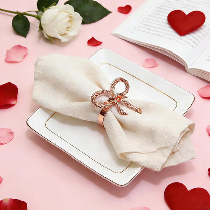 Rose Gold Bow Napkin Rings Set of 12 for Wedding Party Birthday Holiday Family Dinner Daily Table Decor,Elegant Metal Bow Tie Napkin Ring Holders for Valentine's Day Banquet Decoration