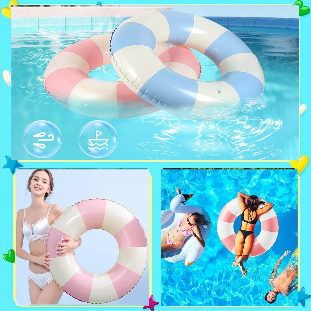 33 inch Inflatable Pool Floats for Adults- 2 Pack Striped Floaties Pool Tubes Swim Rings Inflatable Pool Float for Swimming Pool Party Lake Beach Adults