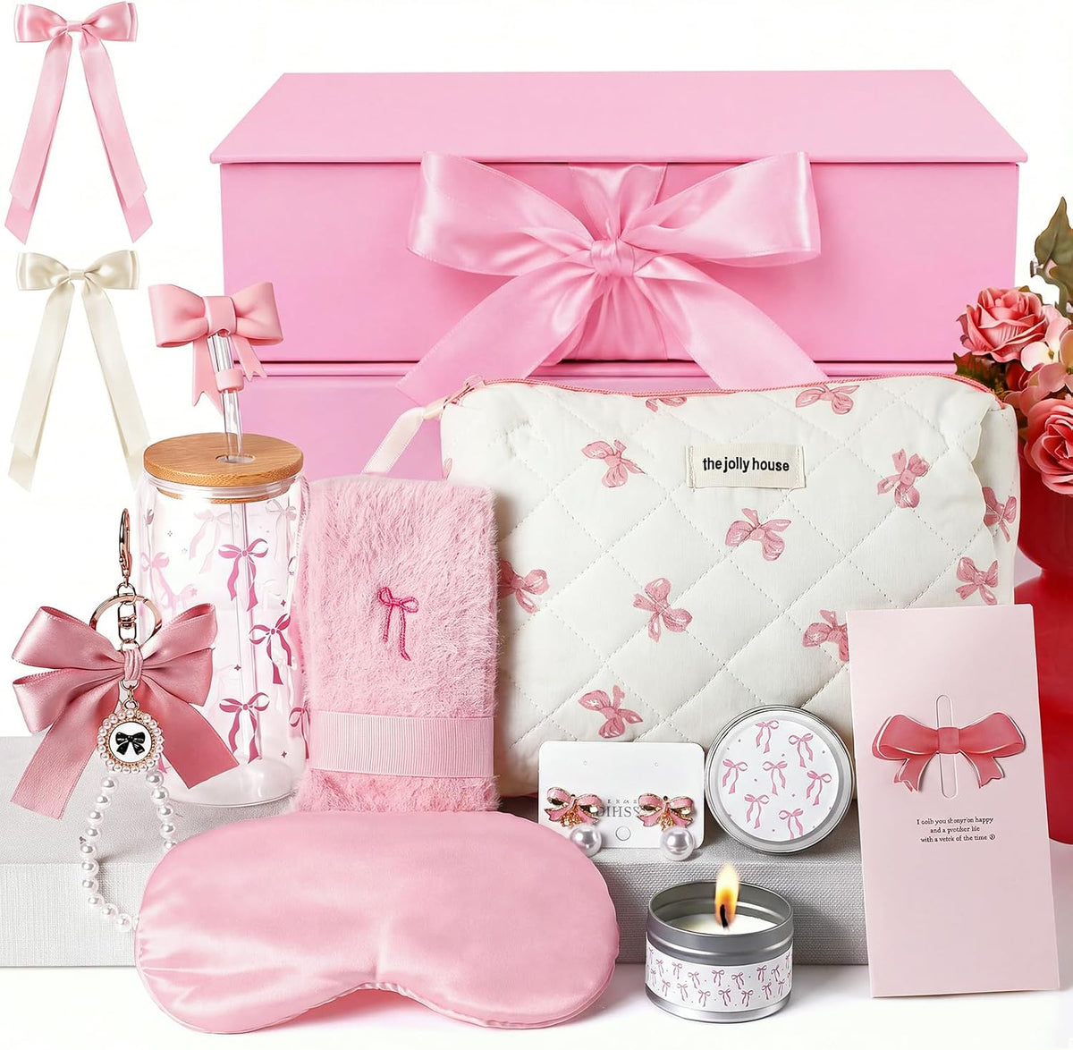 Pink Bow Gift Baskets for Teen Girls, Women Trendy Stuff Coquette Bow Teen Girl Birthday Self Care Box Gift for Her, Sister Friend Women Sweet 16th 18th 21st Box