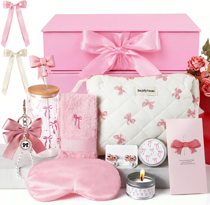 Pink Bow Gift Baskets for Teen Girls, Women Trendy Stuff Coquette Bow Teen Girl Birthday Self Care Box Gift for Her, Sister Friend Women Sweet 16th 18th 21st Box