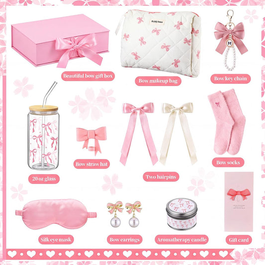 Pink Bow Gift Baskets for Teen Girls, Women Trendy Stuff Coquette Bow Teen Girl Birthday Self Care Box Gift for Her, Sister Friend Women Sweet 16th 18th 21st Box