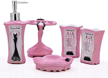 5 Piece Bathroom Accessories Set, Collection Bath Set Features Soap Dispenser, Toothbrush Holder, Tumbler, & Soap Dish (Pink)