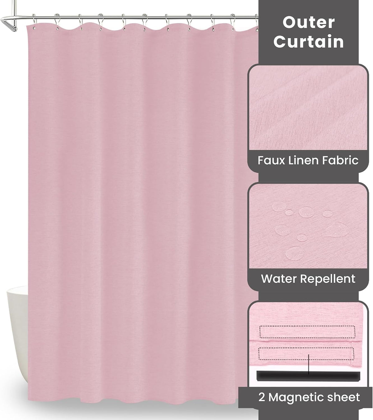 Inhousolu Boho Farmhouse Shower Curtain with Fabric Liner Set, Luxury Faux Linen Textured, Metal Hooks, Weighted Hem, Washable Wrinkle Free Bath Curtain for Hotel Bathroom 72" W x 72" L Pink
