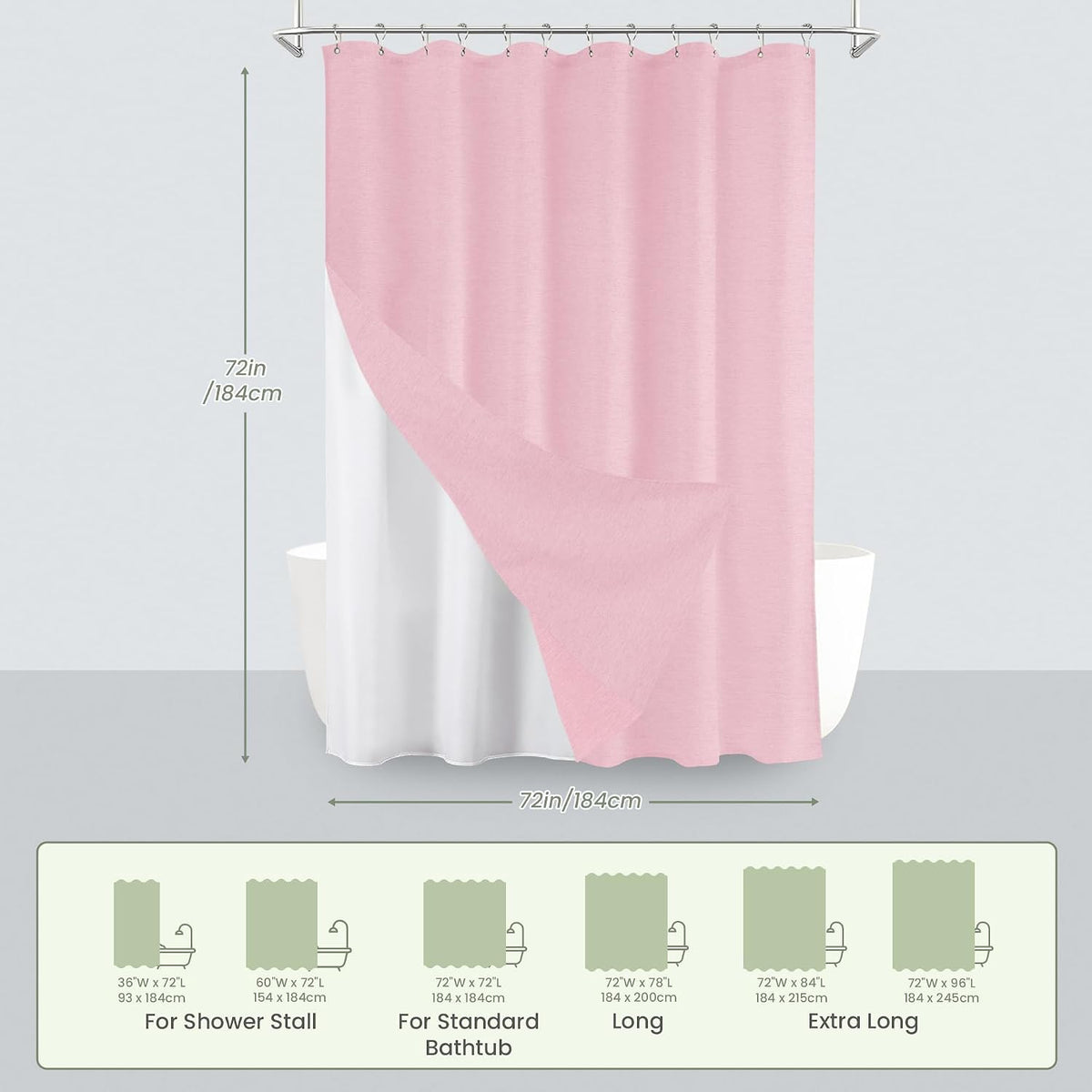 Inhousolu Boho Farmhouse Shower Curtain with Fabric Liner Set, Luxury Faux Linen Textured, Metal Hooks, Weighted Hem, Washable Wrinkle Free Bath Curtain for Hotel Bathroom 72" W x 72" L Pink