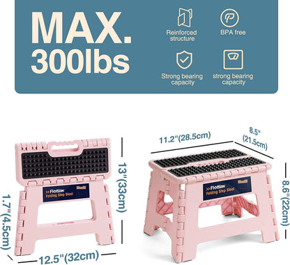9" Folding Step Stool for Adults and Kids Holds Up to 300 lbs,Non-Slip Folding Stools with Portable Handle, Compact Plastic Foldable Step Stool for Bathroom,Bedroom, Kitchen Sakura Pink