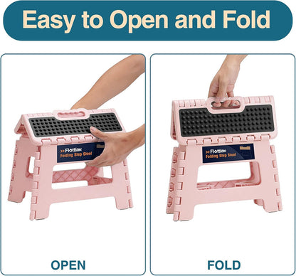 9" Folding Step Stool for Adults and Kids Holds Up to 300 lbs,Non-Slip Folding Stools with Portable Handle, Compact Plastic Foldable Step Stool for Bathroom,Bedroom, Kitchen Sakura Pink