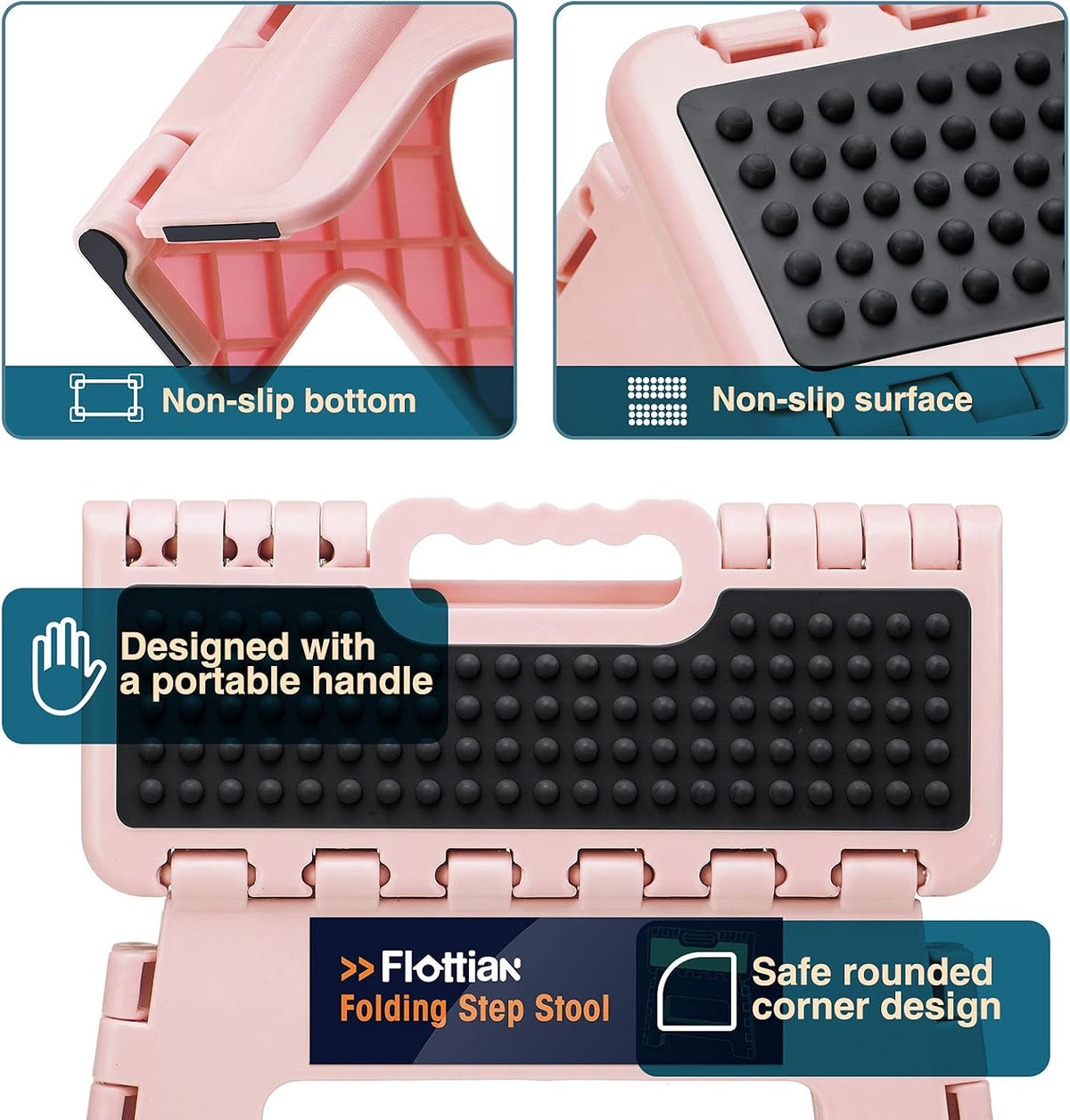 9" Folding Step Stool for Adults and Kids Holds Up to 300 lbs,Non-Slip Folding Stools with Portable Handle, Compact Plastic Foldable Step Stool for Bathroom,Bedroom, Kitchen Sakura Pink