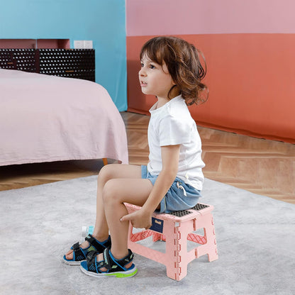 9" Folding Step Stool for Adults and Kids Holds Up to 300 lbs,Non-Slip Folding Stools with Portable Handle, Compact Plastic Foldable Step Stool for Bathroom,Bedroom, Kitchen Sakura Pink