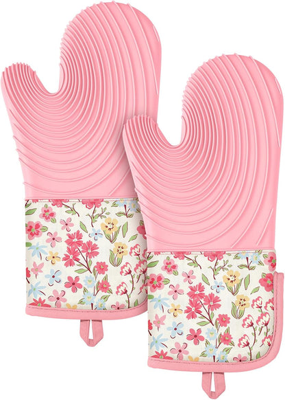Long Silicone Oven Mitts Heat Resistant for Women - 2 Pcs Pink-Green Flower 100% Cotton Oven Gloves, Non-Slip and Waterproof Silicone Oven Mitts with Hanger for Baking and Cooking