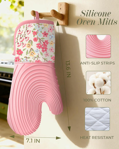 Long Silicone Oven Mitts Heat Resistant for Women - 2 Pcs Pink-Green Flower 100% Cotton Oven Gloves, Non-Slip and Waterproof Silicone Oven Mitts with Hanger for Baking and Cooking