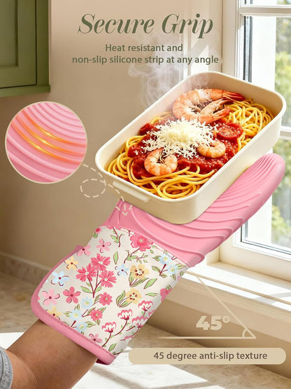Long Silicone Oven Mitts Heat Resistant for Women - 2 Pcs Pink-Green Flower 100% Cotton Oven Gloves, Non-Slip and Waterproof Silicone Oven Mitts with Hanger for Baking and Cooking
