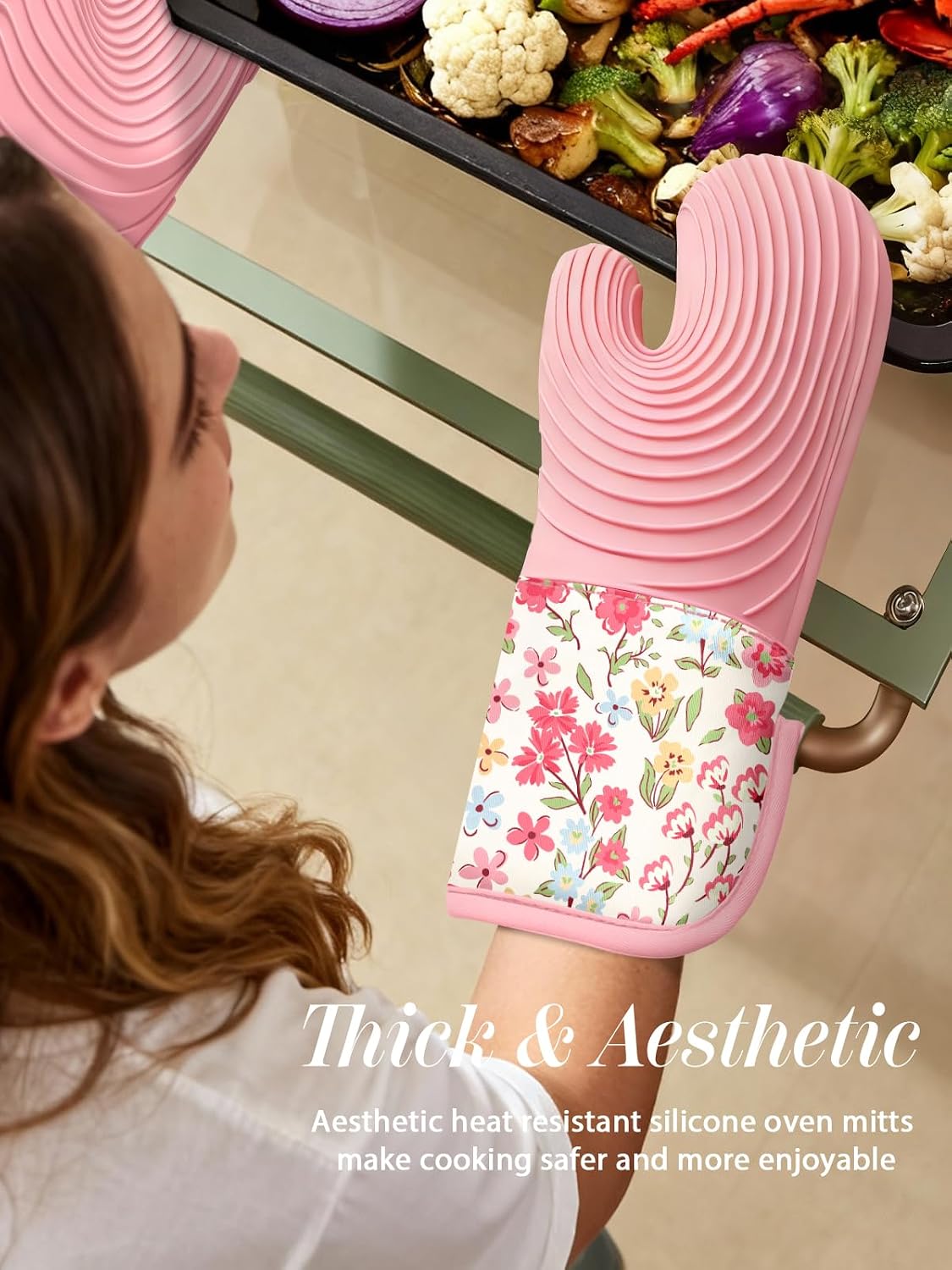 Long Silicone Oven Mitts Heat Resistant for Women - 2 Pcs Pink-Green Flower 100% Cotton Oven Gloves, Non-Slip and Waterproof Silicone Oven Mitts with Hanger for Baking and Cooking