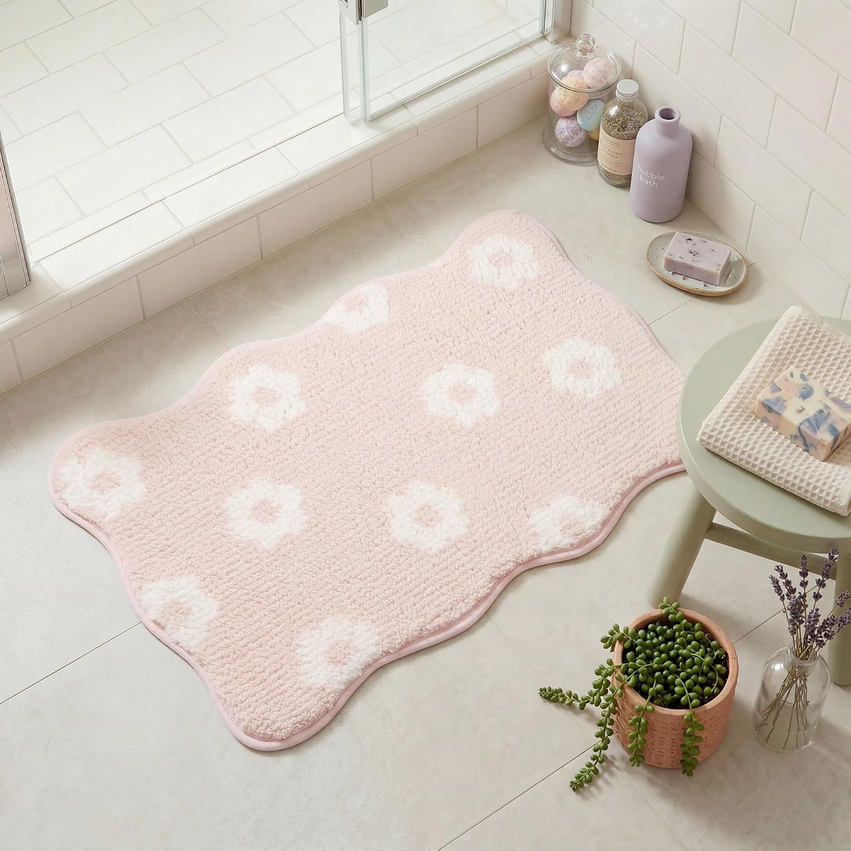 Floral Pink Bathroom Rug, 16" x 24", Cute Scalloped Bath Mat