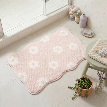 Floral Pink Bathroom Rug, 16" x 24", Cute Scalloped Bath Mat