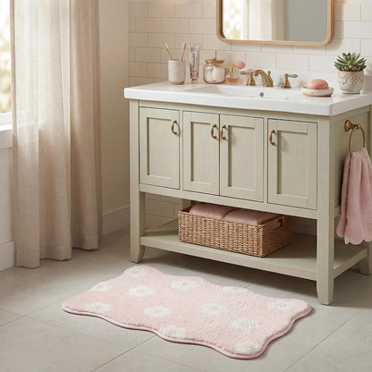 Floral Pink Bathroom Rug, 16" x 24", Cute Scalloped Bath Mat