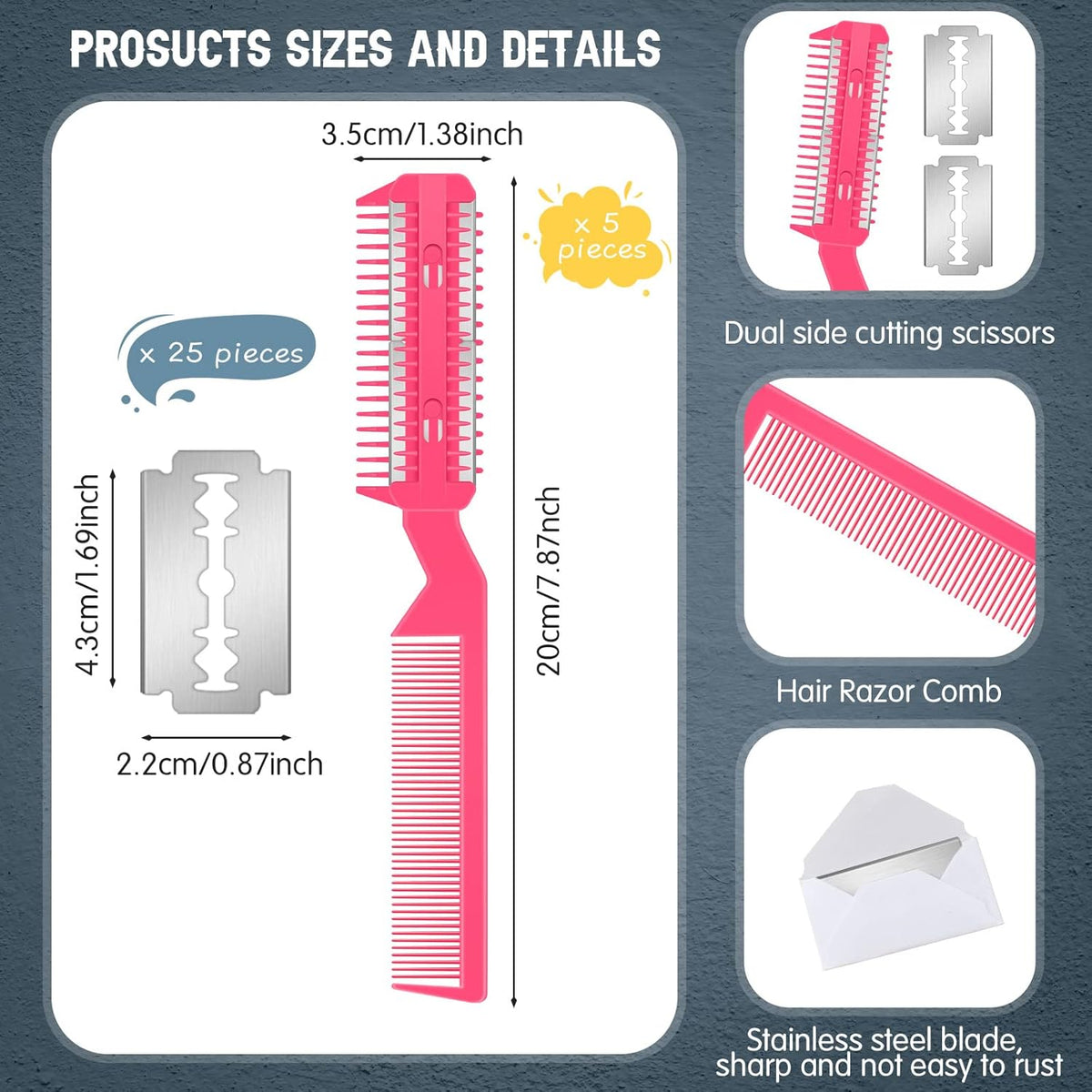 5 Pcs Dog Razor Comb with 25 Blades, Pet Grooming Trimmer, Pink