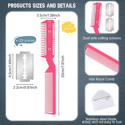 5 Pcs Dog Razor Comb with 25 Blades, Pet Grooming Trimmer, Pink