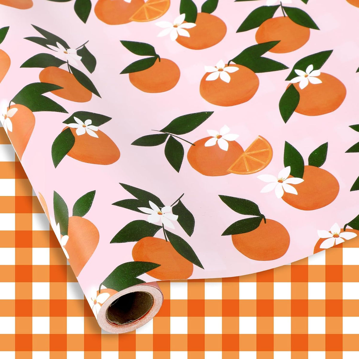 Little Cutie Plaid Wrapping Paper -Mini Roll- 17 In x 32.8 Ft Orange Fruit Flower Pink White Gift Wrap Paper Double Printed for DIY Crafts Summer Birthday Party Packing Supplies