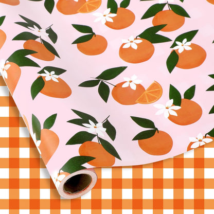 Little Cutie Plaid Wrapping Paper -Mini Roll- 17 In x 32.8 Ft Orange Fruit Flower Pink White Gift Wrap Paper Double Printed for DIY Crafts Summer Birthday Party Packing Supplies