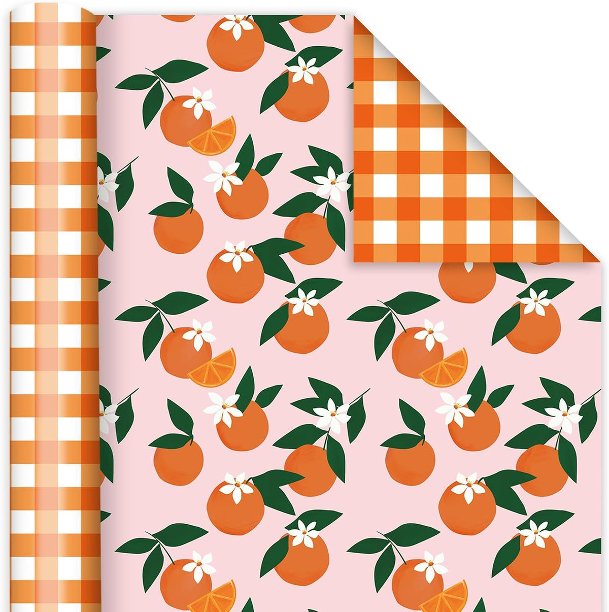 Little Cutie Plaid Wrapping Paper -Mini Roll- 17 In x 32.8 Ft Orange Fruit Flower Pink White Gift Wrap Paper Double Printed for DIY Crafts Summer Birthday Party Packing Supplies