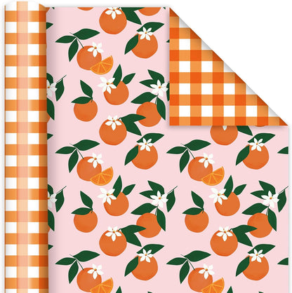 Little Cutie Plaid Wrapping Paper -Mini Roll- 17 In x 32.8 Ft Orange Fruit Flower Pink White Gift Wrap Paper Double Printed for DIY Crafts Summer Birthday Party Packing Supplies