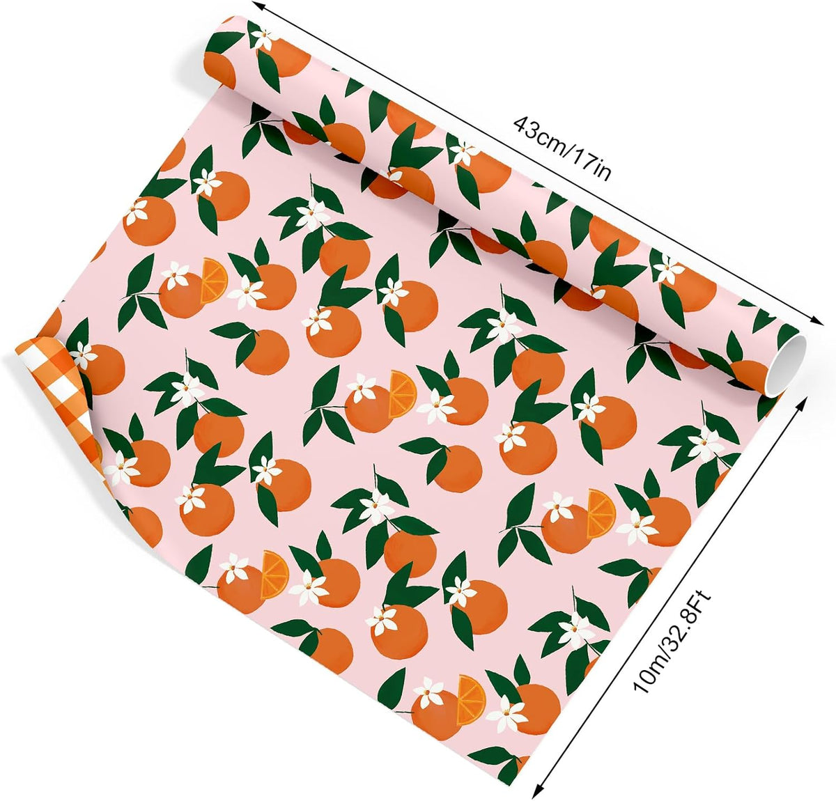 Little Cutie Plaid Wrapping Paper -Mini Roll- 17 In x 32.8 Ft Orange Fruit Flower Pink White Gift Wrap Paper Double Printed for DIY Crafts Summer Birthday Party Packing Supplies