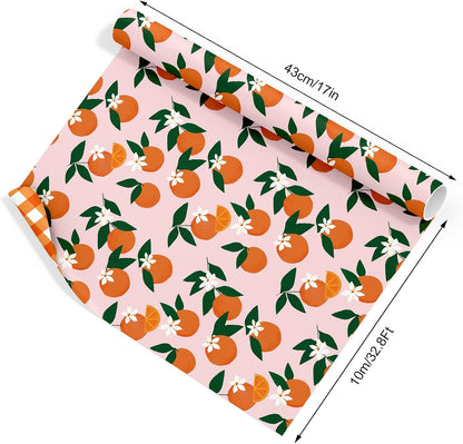 Little Cutie Plaid Wrapping Paper -Mini Roll- 17 In x 32.8 Ft Orange Fruit Flower Pink White Gift Wrap Paper Double Printed for DIY Crafts Summer Birthday Party Packing Supplies
