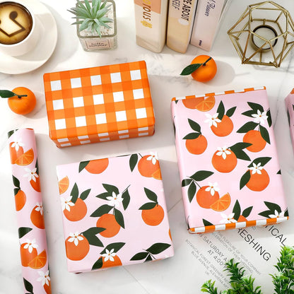 Little Cutie Plaid Wrapping Paper -Mini Roll- 17 In x 32.8 Ft Orange Fruit Flower Pink White Gift Wrap Paper Double Printed for DIY Crafts Summer Birthday Party Packing Supplies