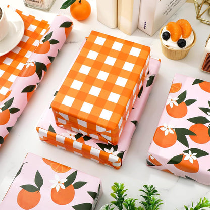 Little Cutie Plaid Wrapping Paper -Mini Roll- 17 In x 32.8 Ft Orange Fruit Flower Pink White Gift Wrap Paper Double Printed for DIY Crafts Summer Birthday Party Packing Supplies