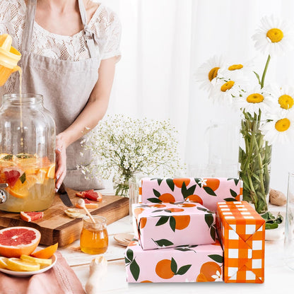 Little Cutie Plaid Wrapping Paper -Mini Roll- 17 In x 32.8 Ft Orange Fruit Flower Pink White Gift Wrap Paper Double Printed for DIY Crafts Summer Birthday Party Packing Supplies