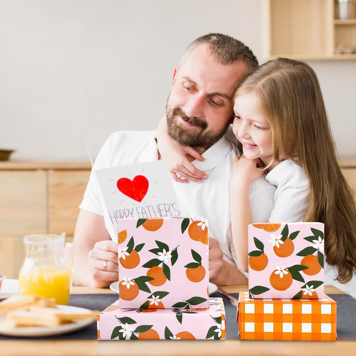 Little Cutie Plaid Wrapping Paper -Mini Roll- 17 In x 32.8 Ft Orange Fruit Flower Pink White Gift Wrap Paper Double Printed for DIY Crafts Summer Birthday Party Packing Supplies