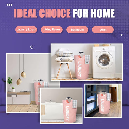 95L Pro Large Laundry Basket (13 Colors), Waterproof Laundry Hamper, Laundry Bag with Padded Handles, Clothes Hamper Stands Up Well, Collapsible Laundry Basket Easy Storage (Pink)