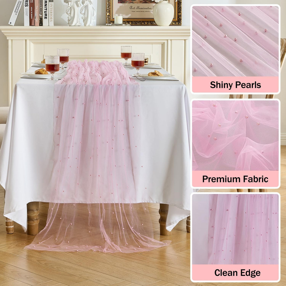 1 Pack Pearl Table Runner -10FT Blush Pink Boho Tulle Table Runners 120 Inches Long Rustic Sheer Lace Fabric Centerpieces for Wedding Arch Birthday Party Bridal Veil Baby Shower Decorations