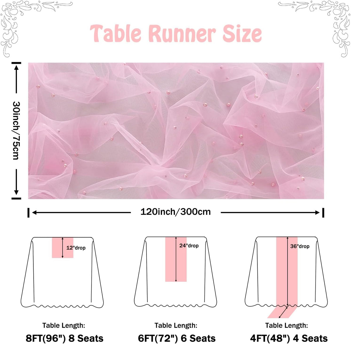 1 Pack Pearl Table Runner -10FT Blush Pink Boho Tulle Table Runners 120 Inches Long Rustic Sheer Lace Fabric Centerpieces for Wedding Arch Birthday Party Bridal Veil Baby Shower Decorations