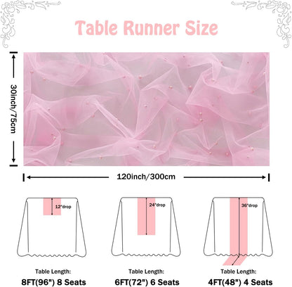 1 Pack Pearl Table Runner -10FT Blush Pink Boho Tulle Table Runners 120 Inches Long Rustic Sheer Lace Fabric Centerpieces for Wedding Arch Birthday Party Bridal Veil Baby Shower Decorations