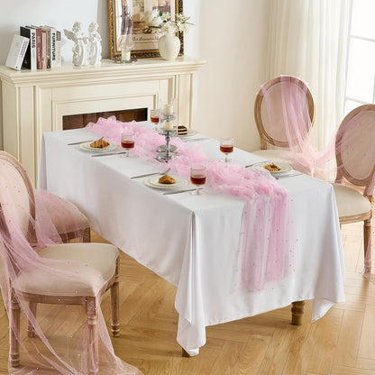 1 Pack Pearl Table Runner -10FT Blush Pink Boho Tulle Table Runners 120 Inches Long Rustic Sheer Lace Fabric Centerpieces for Wedding Arch Birthday Party Bridal Veil Baby Shower Decorations