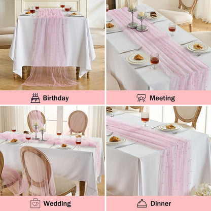 1 Pack Pearl Table Runner -10FT Blush Pink Boho Tulle Table Runners 120 Inches Long Rustic Sheer Lace Fabric Centerpieces for Wedding Arch Birthday Party Bridal Veil Baby Shower Decorations